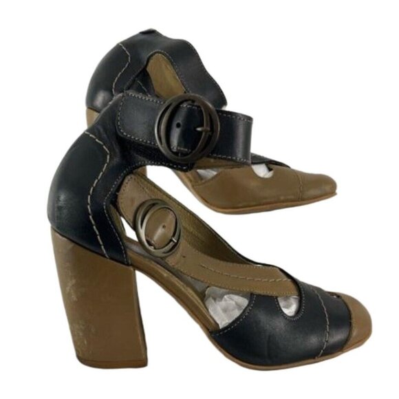 Fly London Fly Girl Block Heel Taupe & Black Leather Shoes - Picture 1 of 16